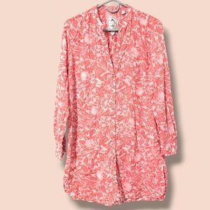 Ganesh Pink Floral Cotton Lightweight Relaxed Long Sleeve Button-Up Shirt Dress
